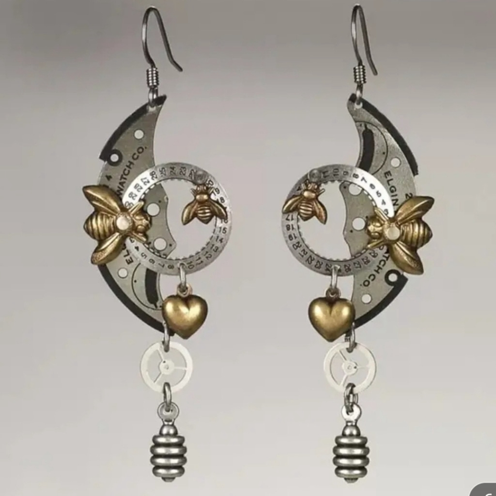 Mechanical Steampu Gear Bee Design Dangle Earrings Retro Punk Style